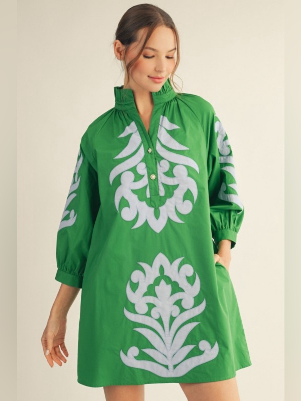 Kelly green embroidered baroque pearl floral boho swing western midi maxi dress